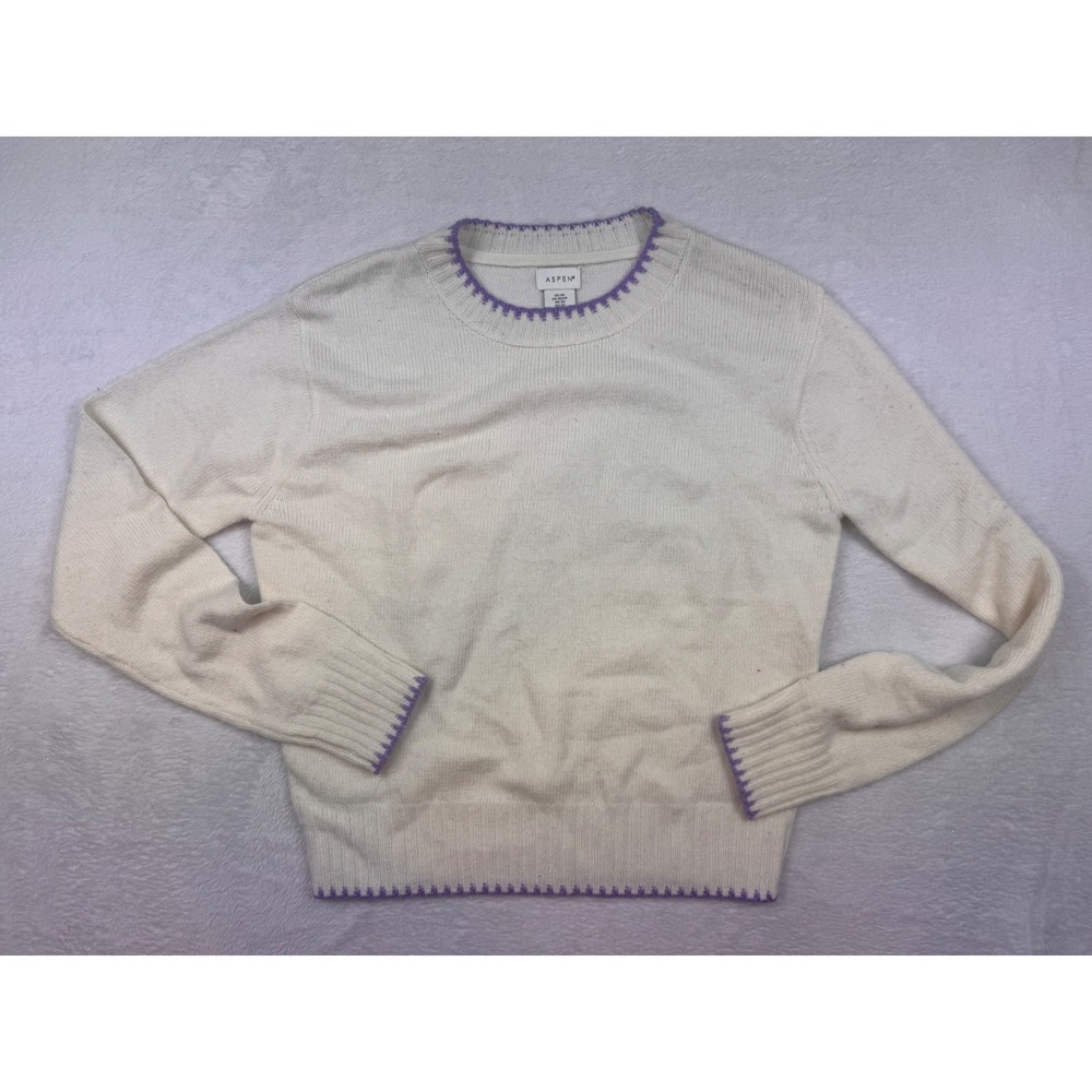 Aspen Merino Wool Blend Crewneck Sweater Cream Purple Blanket Stitch Womens XS